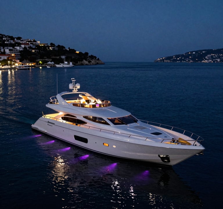 A stunning wide shot of a luxury yacht moored in a Mediterranean bay at night, illuminated for a wedding reception with elegant violet lights casting long shadows across the dark water.