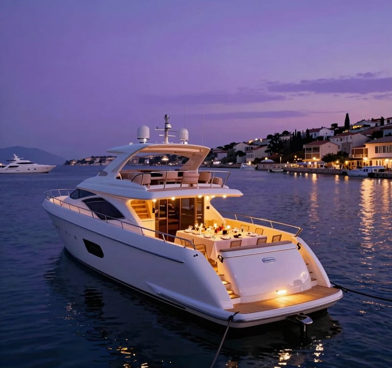 A sleek white luxury yacht moored in a Mediterranean port during the blue hour. The deck is illuminated with warm golden lights, set up for a small, private dinner party. The water reflects the royal amethyst glow of the twilight sky.