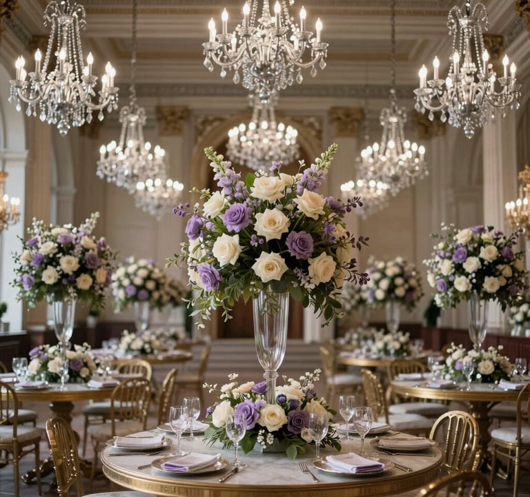 Interior of a grand hall with high ceilings and silver chandeliers. Tables are adorned with towering floral centerpieces in shades of lavender and cream.