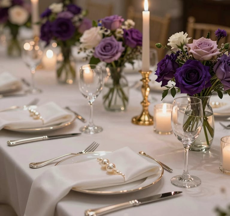 A close-up photograph of an opulent wedding table setting. It features pearl white silk napkins, heavy silver cutlery, and hand-blown glass vases filled with deep violet and soft rose flowers, illuminated by the golden glow of tall tapers.