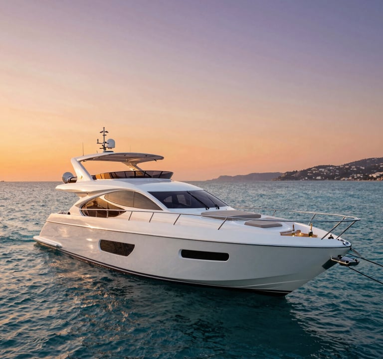 A sleek white luxury yacht moored in a turquoise Mediterranean bay at sunset. The sky is a blend of orange and soft purple. Opulent seating and champagne on the deck.
