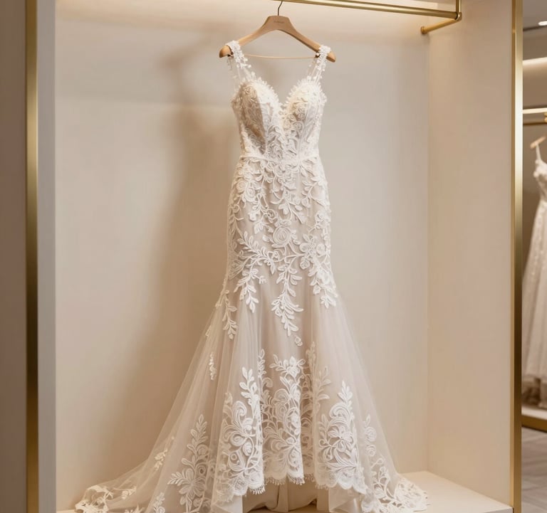 A designer bridal gown made of intricate silk lace and ethereal tulle, hanging against a soft cream-colored wall in a high-end luxury boutique with golden accents.