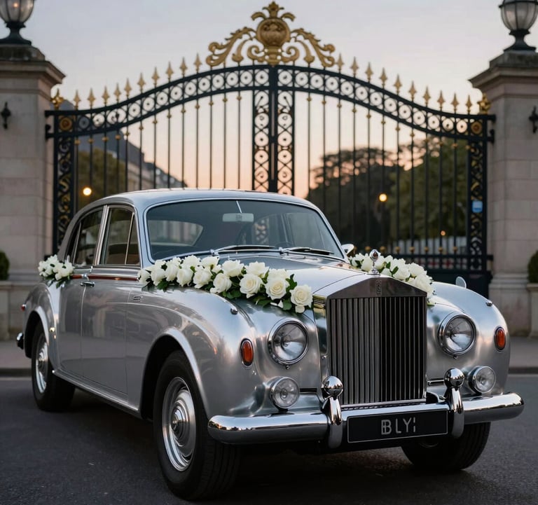 A vintage silver Rolls Royce decorated with a cascading garland of white roses, parked in front of a majestic wrought iron gate at dusk.