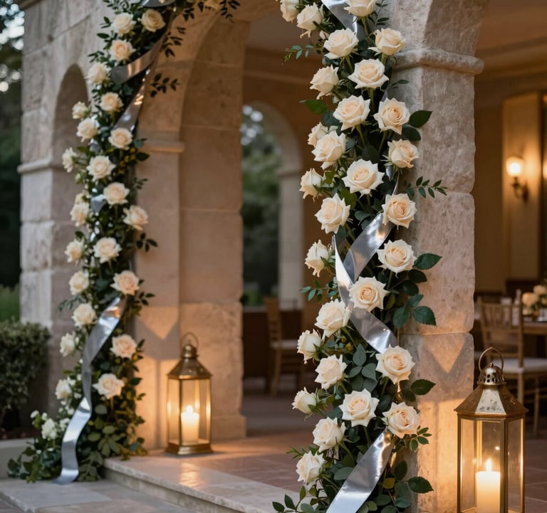 A close-up shot of an elegant wedding location entrance at dusk. Stone pillars are draped in soft cream roses and silver ribbons. Soft golden lanterns illuminate the path. The style is modern yet timelessly romantic.
