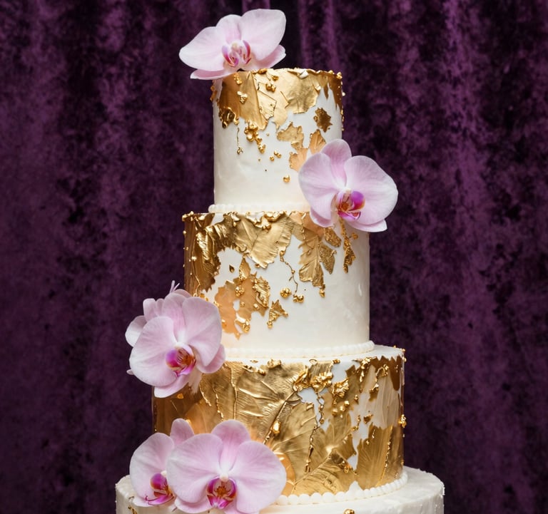 A close-up of a three-tier wedding cake decorated with real gold leaf and soft pink orchids, set against a dark purple velvet background with soft backlighting.