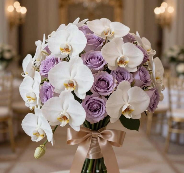 Close-up of an exquisite bridal bouquet featuring rare white orchids and soft lavender roses, tied with a muted gold silk ribbon. The background is a soft-focus blur of a luxury ballroom with warm golden candlelight.