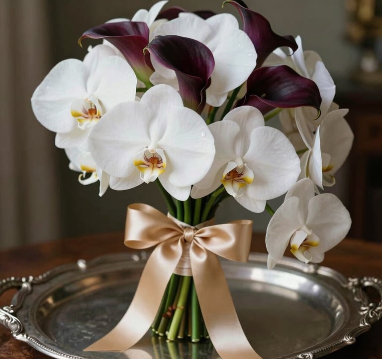 A detail shot of an exquisite bridal bouquet consisting of rare white orchids and deep plum calla lilies, tied with a heavy gilded sand satin ribbon, resting on an antique silver tray.