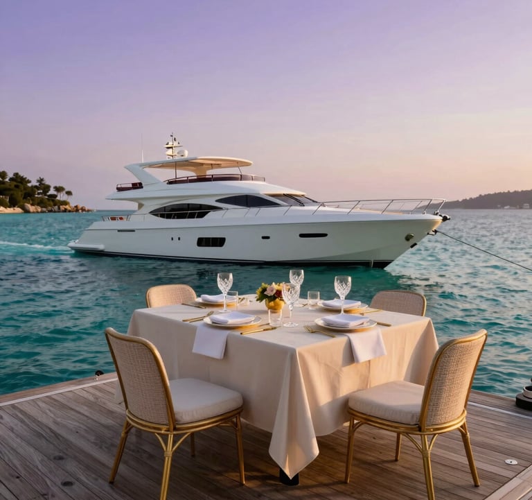 Wide shot of a luxury yacht moored in a turquoise bay at sunset. The deck is styled for an intimate dinner with soft cream linens, crystal glassware, and elegant muted gold accents under a soft lavender sky.