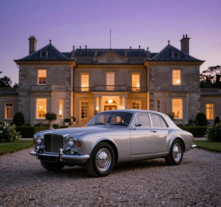 A sleek, vintage silver luxury car parked on a gravel path leading to a grand estate. The scene is illuminated by the soft purple glow of dusk and warm architectural lighting from the villa's facade.