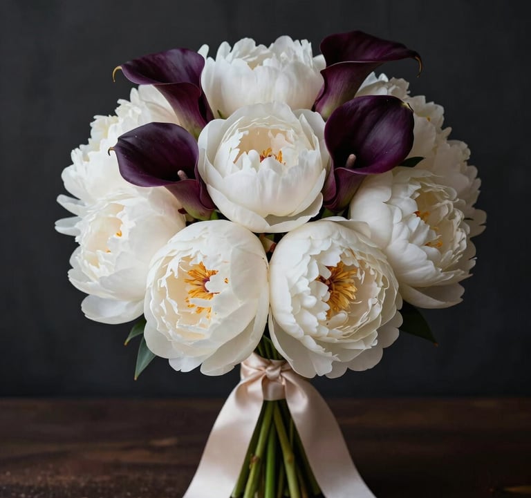 A stunning bridal bouquet of rare white peonies and deep purple calla lilies, tied with a long champagne-colored silk ribbon. Moody, high-contrast studio lighting.