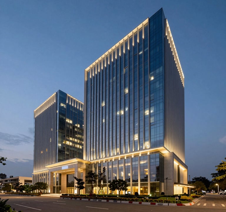 The exterior of a sleek, modern commercial hub in Bangalore at dusk. The building is illuminated with warm lights that contrast with the Steel Blue evening sky, showcasing clean lines and premium architecture.