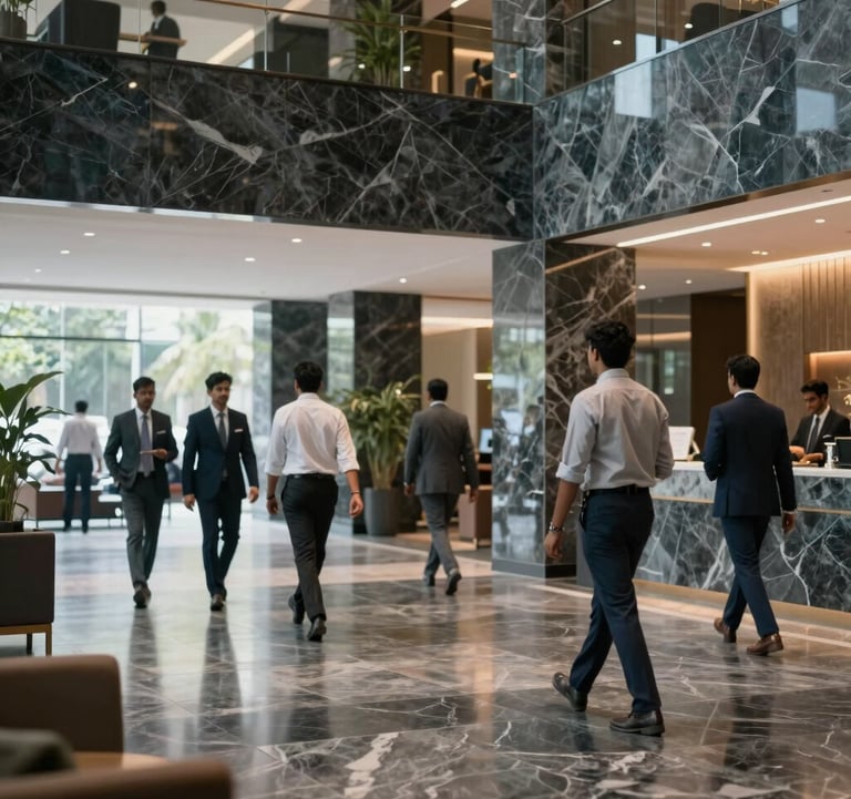 A professional and modern lobby of a premium commercial complex in Bangalore. The space uses a palette of muted blue-grey and dark slate grey marble. Professionals in South Asian / Indian business attire are seen in a blurred background, conveying a sense of dynamic commercial activity and trust.