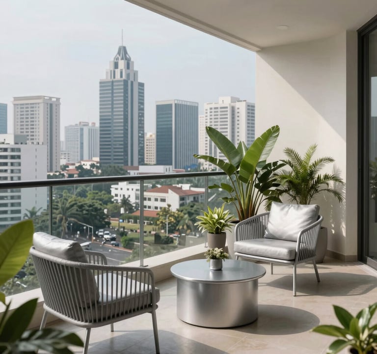 A crisp, detailed shot of a luxury apartment balcony overlooking the Bangalore skyline, decorated with minimalist silver-grey furniture and lush green plants.