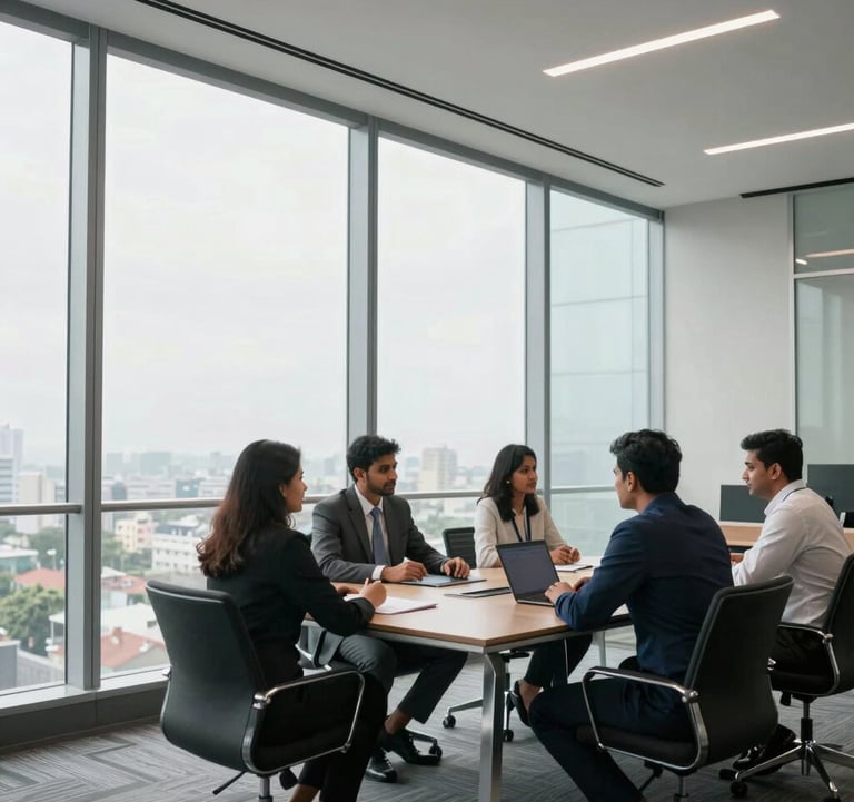 A bright, high-end commercial office space in Bangalore featuring floor-to-ceiling glass windows, silver-grey accents, and South Asian / Indian professionals collaborating in a sleek conference room.