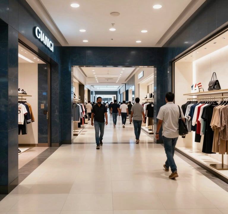 An interior shot of an upscale retail mall in Bangalore with soft off-white floors and modern dark slate blue architectural features, showing South Asian / Indian shoppers in a sophisticated environment.
