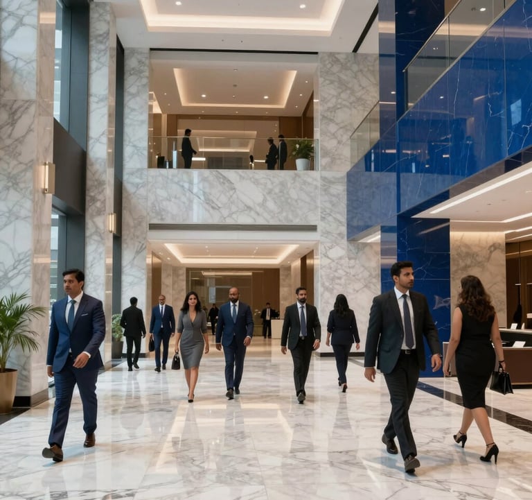 A high-end commercial lobby in a South Asian / Indian business district. The space features polished marble in Ice White and Steel Blue accents, with professional individuals in formal attire walking through the modern space.