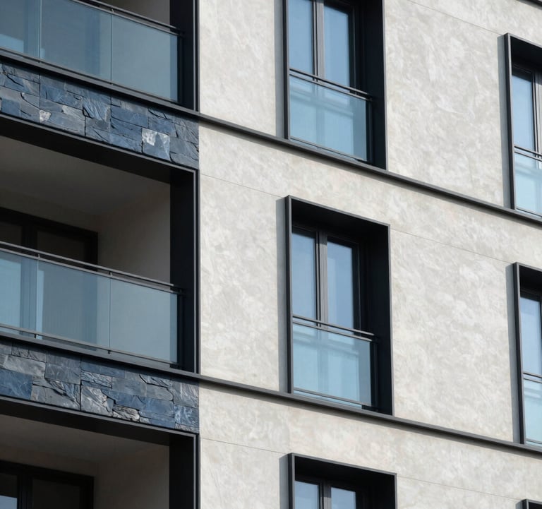 A close-up shot of architectural details on a modern residential building, showing a mix of glass and dark slate blue panels against a soft off-white wall.