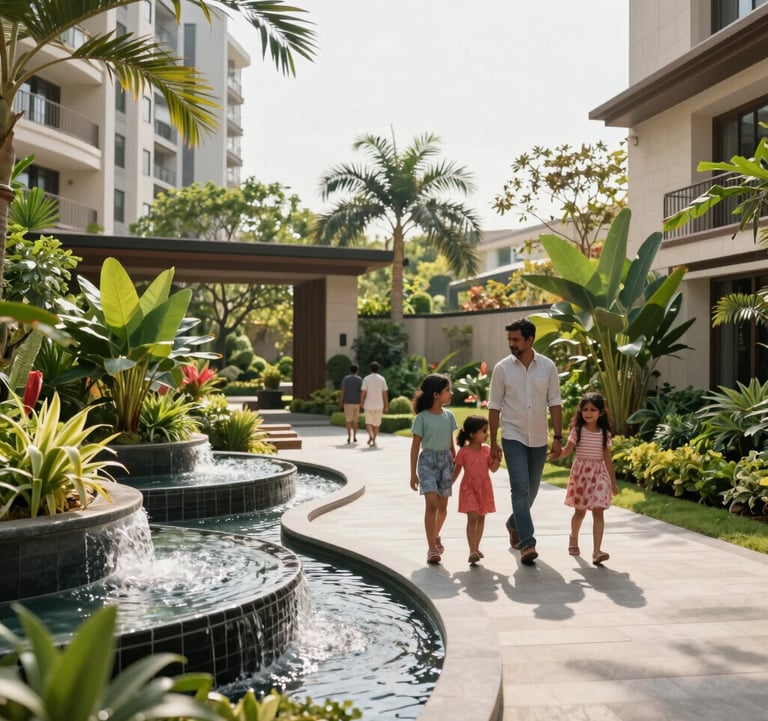 A beautifully landscaped outdoor courtyard of a Sobha residential project in Bangalore. The scene includes flowing water features and lush tropical plants under bright daylight. A South Asian / Indian family is walking through the garden, highlighting the premium community lifestyle.