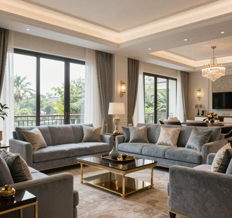 Interior of a luxury residential living room in Bangalore with floor-to-ceiling windows. The decor features pearl white walls and muted blue grey soft furnishings. The lighting is warm and elegant, showcasing a sophisticated South Asian / Indian home environment.