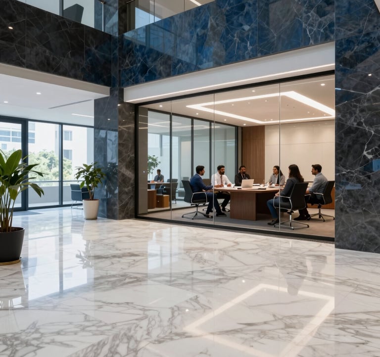 A high-end commercial office lobby in Bangalore, featuring polished pearl white marble floors and dark slate blue architectural accents. The space is filled with natural light, and a group of South Asian / Indian professionals are seen having a meeting in a glass-walled conference room in the background.