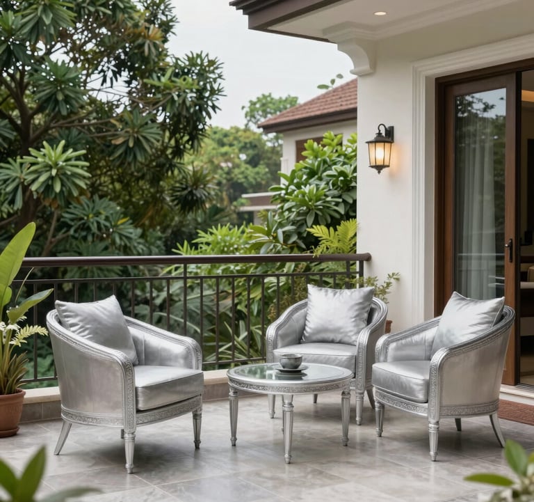 An elegant residential balcony overlooking a lush green part of Bangalore. The setting is a South Asian / Indian luxury home, featuring Soft Silver outdoor furniture and premium tiling, emphasizing a sophisticated lifestyle.