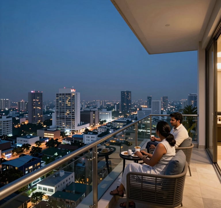 An evening view from an expansive luxury penthouse balcony overlooking the illuminated Bangalore cityscape. The balcony has muted blue grey outdoor furniture and soft silver railings. A South Asian / Indian couple is enjoying the city view under a dark slate blue twilight sky.