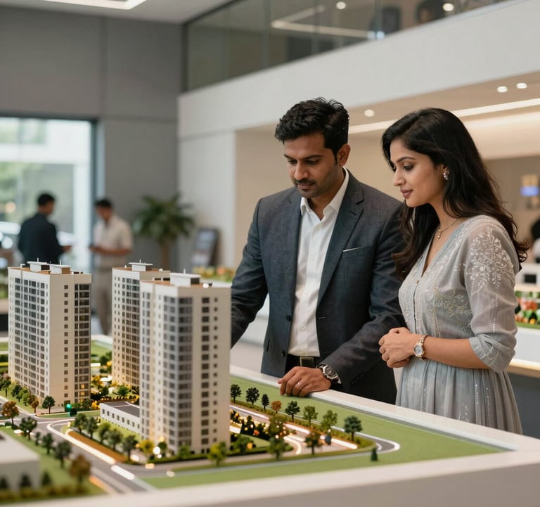 A lifestyle photograph of a professional South Asian / Indian couple viewing a scale model of a new residential development in a silver-grey and white sales gallery.