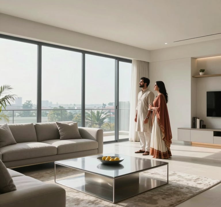 A high-end, bright, and airy interior of a luxury model apartment in Bangalore. The living space features soft off-white walls, minimalist silver-grey furniture, and floor-to-ceiling windows. A couple in South Asian / Indian modern attire is admiring the view, symbolizing aspiration and premium living.
