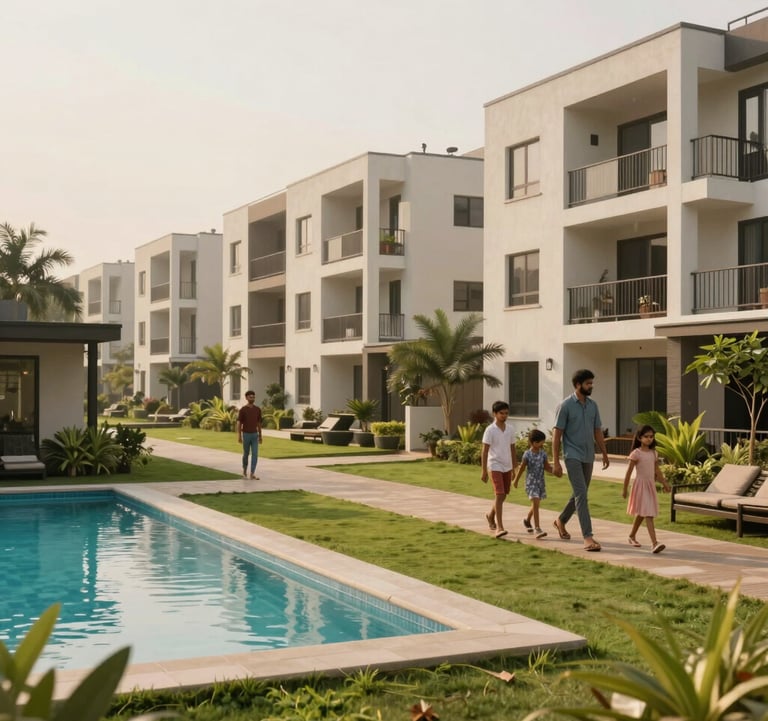 A wide-shot of a contemporary residential complex in Bangalore with manicured lawns and a swimming pool, showing a South Asian / Indian family walking together in the soft off-white morning light.