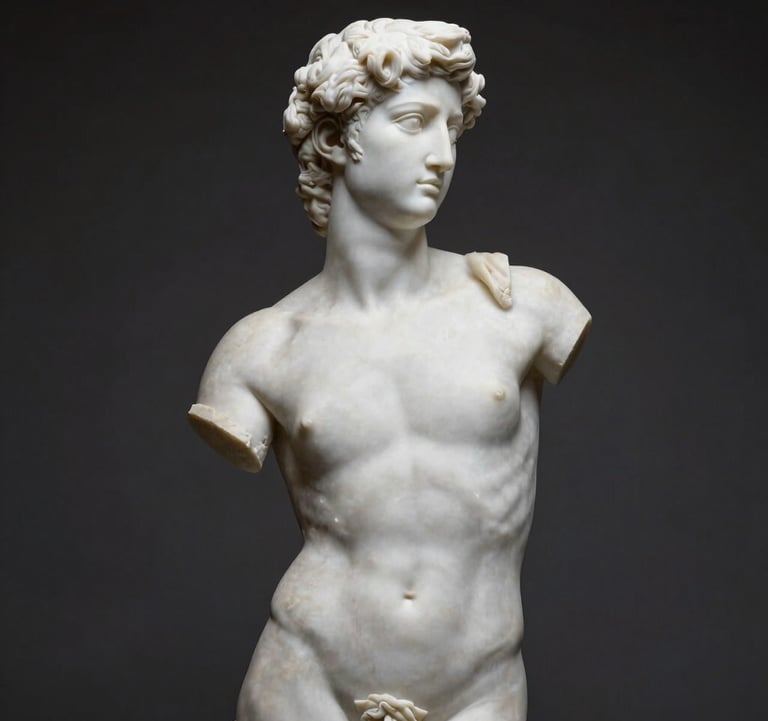 A professional studio photograph of a polished white marble neoclassical sculpture. The piece is set against a dark, minimalist background. Elegant, high-contrast shadows highlight the fine details. North American / International museum quality.