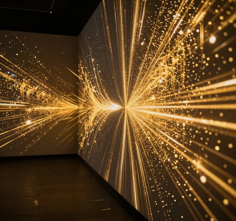 A photography of a modern immersive digital art installation. Shimmering gold light patterns are projected onto dark walls, creating a sense of depth and movement. Sophisticated and high-tech atmosphere. North American / International.