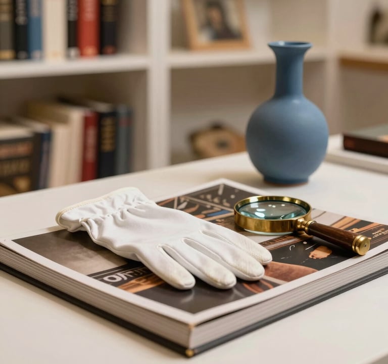A close-up photograph of an art curator's desk in a North American / International gallery. The scene shows a pair of white cotton gloves resting on a thick art catalog, an antique brass magnifying glass, and a small slate blue vase. Sophisticated, soft-focus background with shelves of art history books, warm side-lighting.