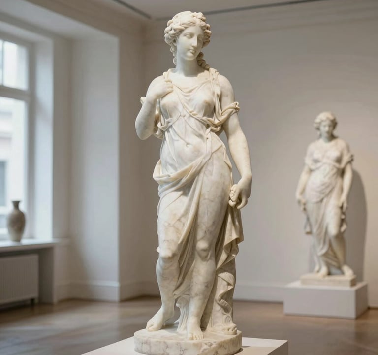 An elegant marble sculpture in a bright, modern room, showcasing refined craftsmanship and timeless design, North American gallery style.