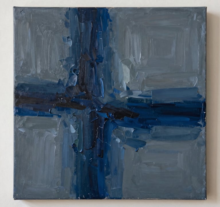 A close-up photograph of a contemporary abstract oil painting on canvas. The texture of heavy brushstrokes in navy blue and slate grey is illuminated by soft, side-angled gallery lighting. North American / International style.