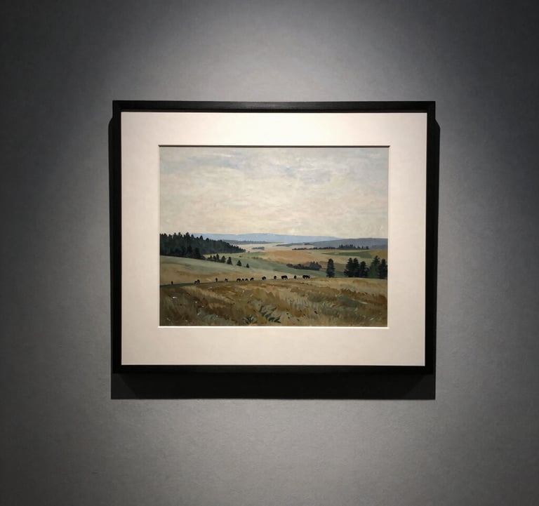 A vertical photograph of a framed minimalist landscape painting hanging on a textured grey wall, illuminated by professional gallery lighting.