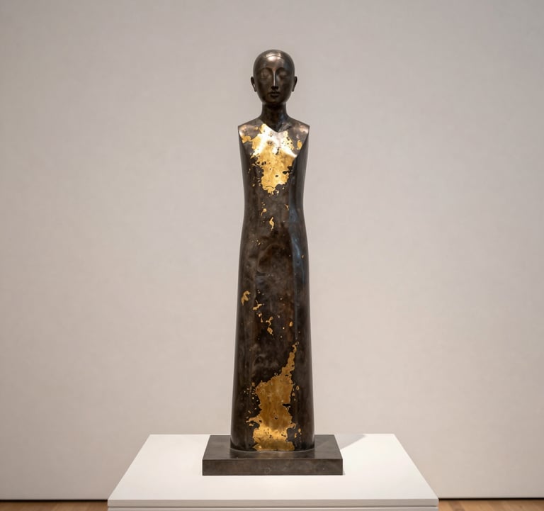 A minimalist sculpture made of dark metal and gold leaf, positioned on a pedestal against a clean off-white background in a modern North American museum.