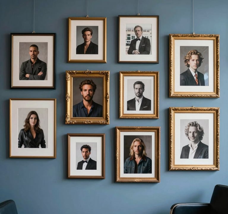 A wide shot of a curated salon-style hanging of various artworks on a muted blue wall, showcasing a mix of modern photography and classic portraiture in elegant gold frames.