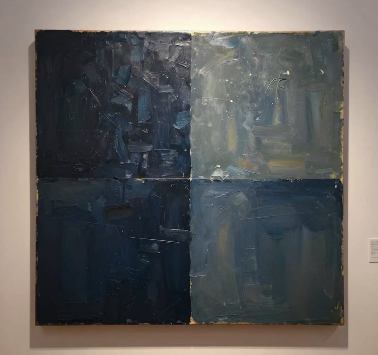 A close-up photograph of a contemporary oil painting featuring textured strokes of dark navy and muted blue-grey, illuminated by a warm spotlight in an international gallery setting.