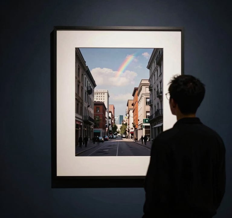 Lifestyle photography of a sophisticated collector in a North American / International setting. The person is silhouetted against a large, brightly lit framed photograph in a dark, navy-walled room. The composition is clean and modern, emphasizing the emotional connection between the viewer and the art.