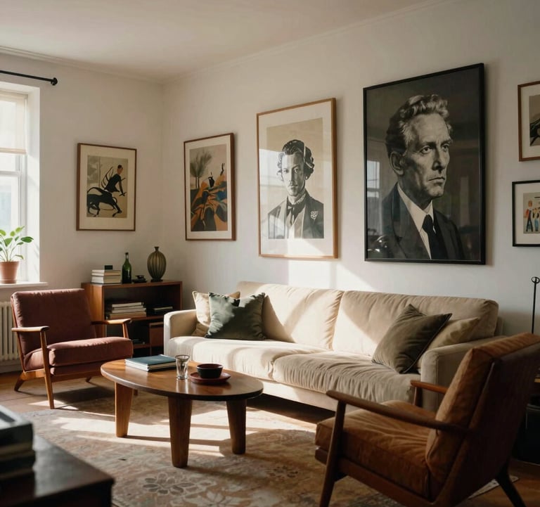 An interior shot of a sun-drenched private collector's lounge with curated artworks on the walls and mid-century modern furniture, international setting.
