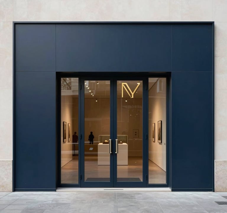 A clean architectural shot of a minimalist gallery entrance with glass doors and a dark navy blue wall featuring a subtle gold logo. Elegant and inviting, North American style.