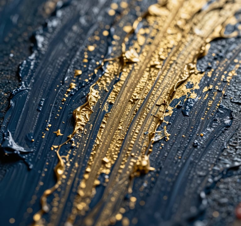 Macro photography of a textured oil painting. Deep navy and gold impasto brushstrokes are visible in high detail, catching the light to reveal the artist's technique. A sophisticated, museum-quality aesthetic, captured with a shallow depth of field in a North American / International gallery setting.
