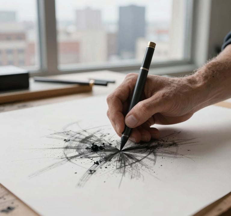 Detailed shot of an artist's hands working with charcoal on a large paper, captured in a bright studio with North American city views in the background.