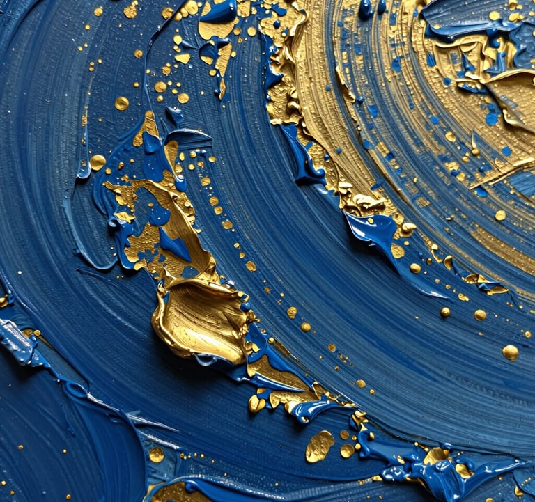 A macro photograph of oil paint texture on a canvas, showing deep blue and gold impasto strokes. Soft studio lighting highlights the rich physical detail of the medium.