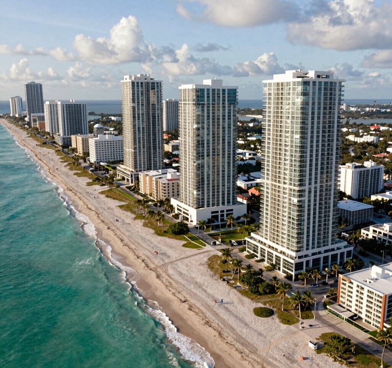 A breathtaking daytime aerial view of Sunny Isles Beach coastline, featuring turquoise waters, white sand, and iconic luxury glass high-rise towers, premium South American / Latino destination style.