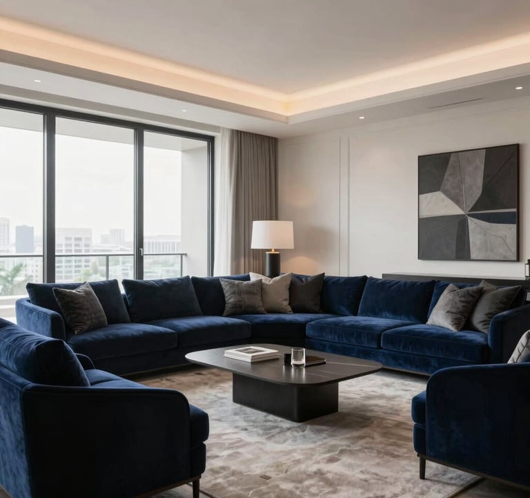 Interior design photography of a luxury penthouse living room in Brickell, with warm white walls, navy blue velvet furniture, and graphite black accents.