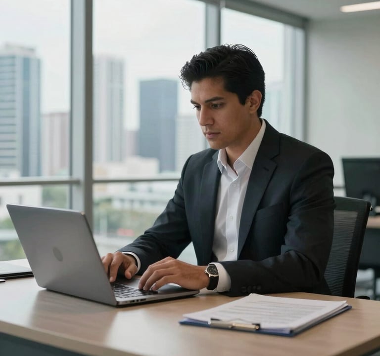 A professional business desk with a laptop and a view of the Miami skyline through a glass window, South American / Latino executive environment.