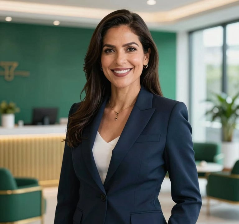 Professional portrait of a South American / Latino woman in her late 30s, dressed in a sharp navy blazer, smiling confidently in a bright, high-end Miami business lounge with emerald green and gold accents.