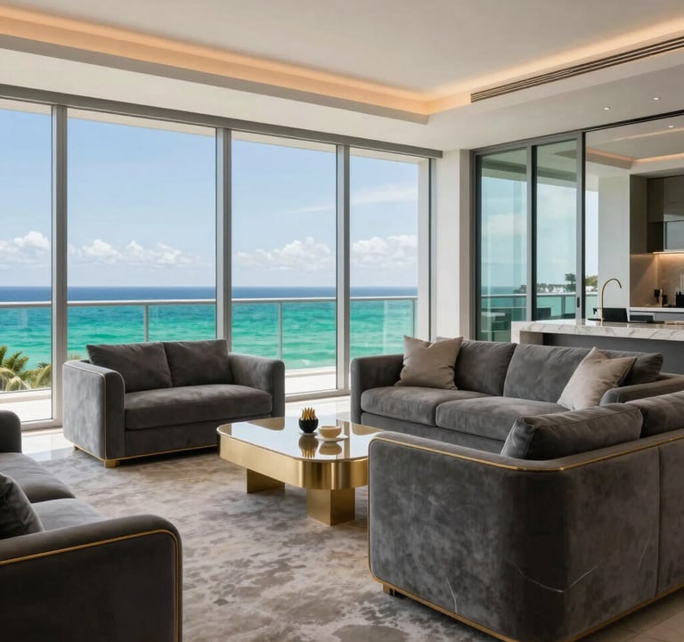 Sleek photography of a luxury penthouse interior in Miami, featuring graphite grey furniture and champagne gold accents, with a view of the emerald green ocean through large windows.