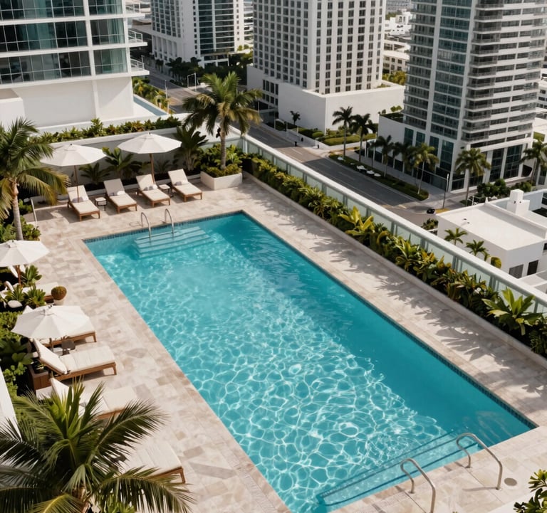 High-angle architectural photography of a rooftop pool in a luxury Miami Downtown hotel, South American / Latino high-end lifestyle.